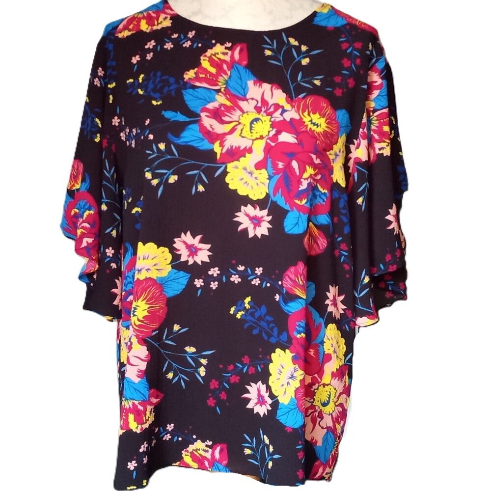 Tunic Top XL Spring Poppies Flowers Flutter Sleeve Comfy fit Violet + Claire